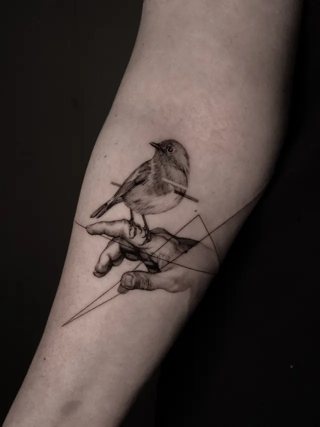 Sparrow on Hand — tattoo by Ted Faulmann on Instagram